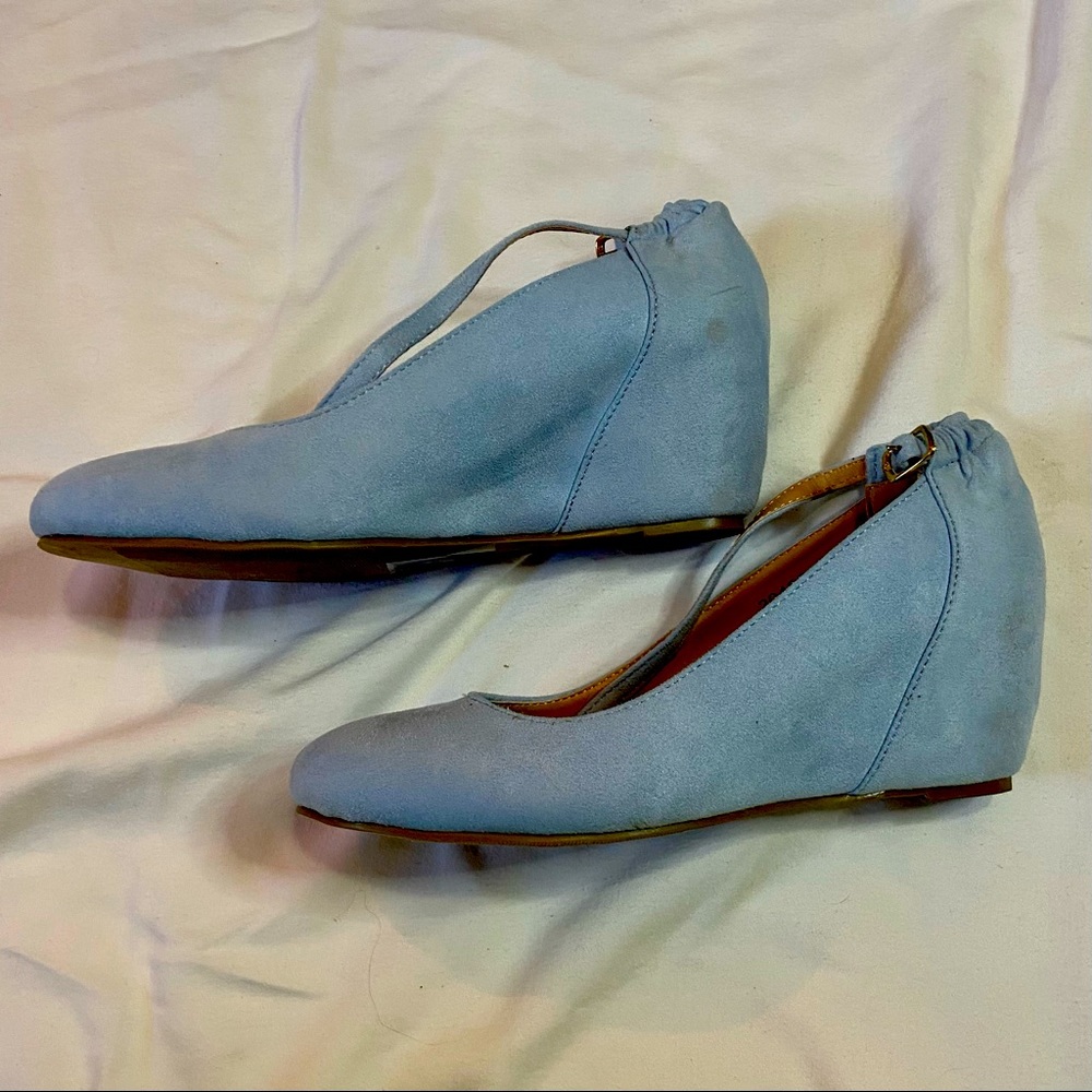 Baby Blue Suede Shoes Wedge Shoe Pump with Strap at Ankle